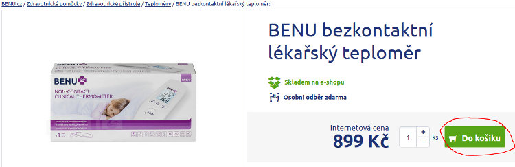 bezkontaktní lékařský teploměr značky BENU - náhled v eshopu BENU