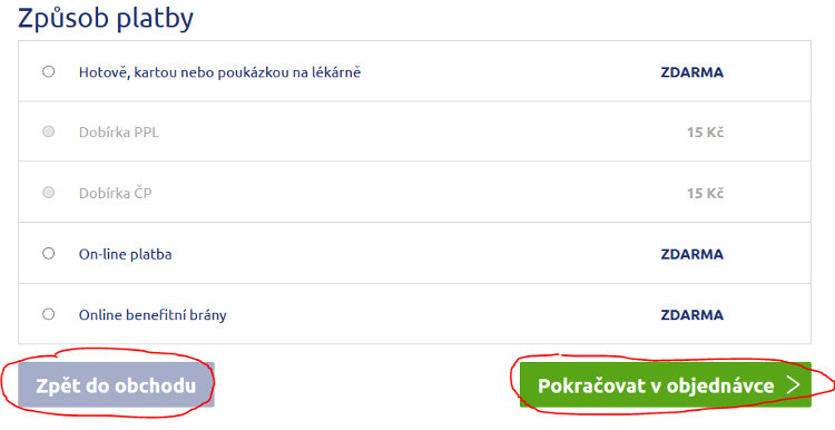 výběr druhu platby při objednání v eshopu BENU lékárny